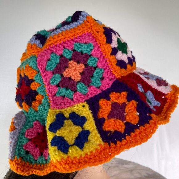Crochet Bucket Hat Granny Square Pattern Multicolored Adult Size Handmade